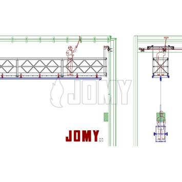 CAD plan horizontale hangbrug met opgehangen gondel onderaan de hangbrug - Building Maintenance Unit