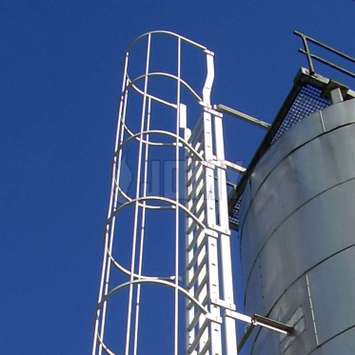 Kooiladder (catladder) geïnstalleerd op een silo.