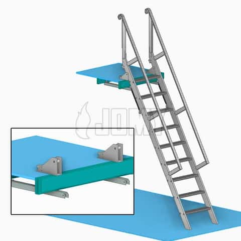 Tekening van speciale bevestigingen voor een steektrap op een mezzanine.