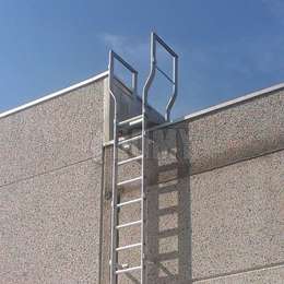 Wandgemonteerde vaste ladder voor toegang tot een dak en uitgerust met een platform voor een obstakel - overgang.
